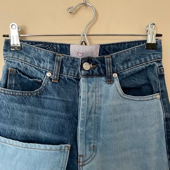 Revice Denim Patchwork Jeans Frayed Hem Straight Leg Size 24 Blue - Picture 3 of 4